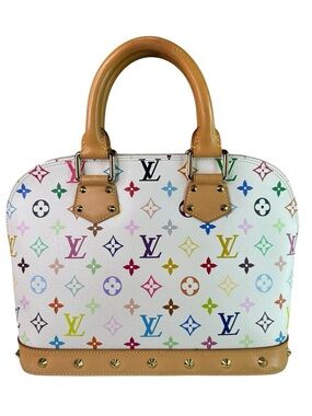 Louis Vuitton White Multicolor Alma Satchel with Tan Trim